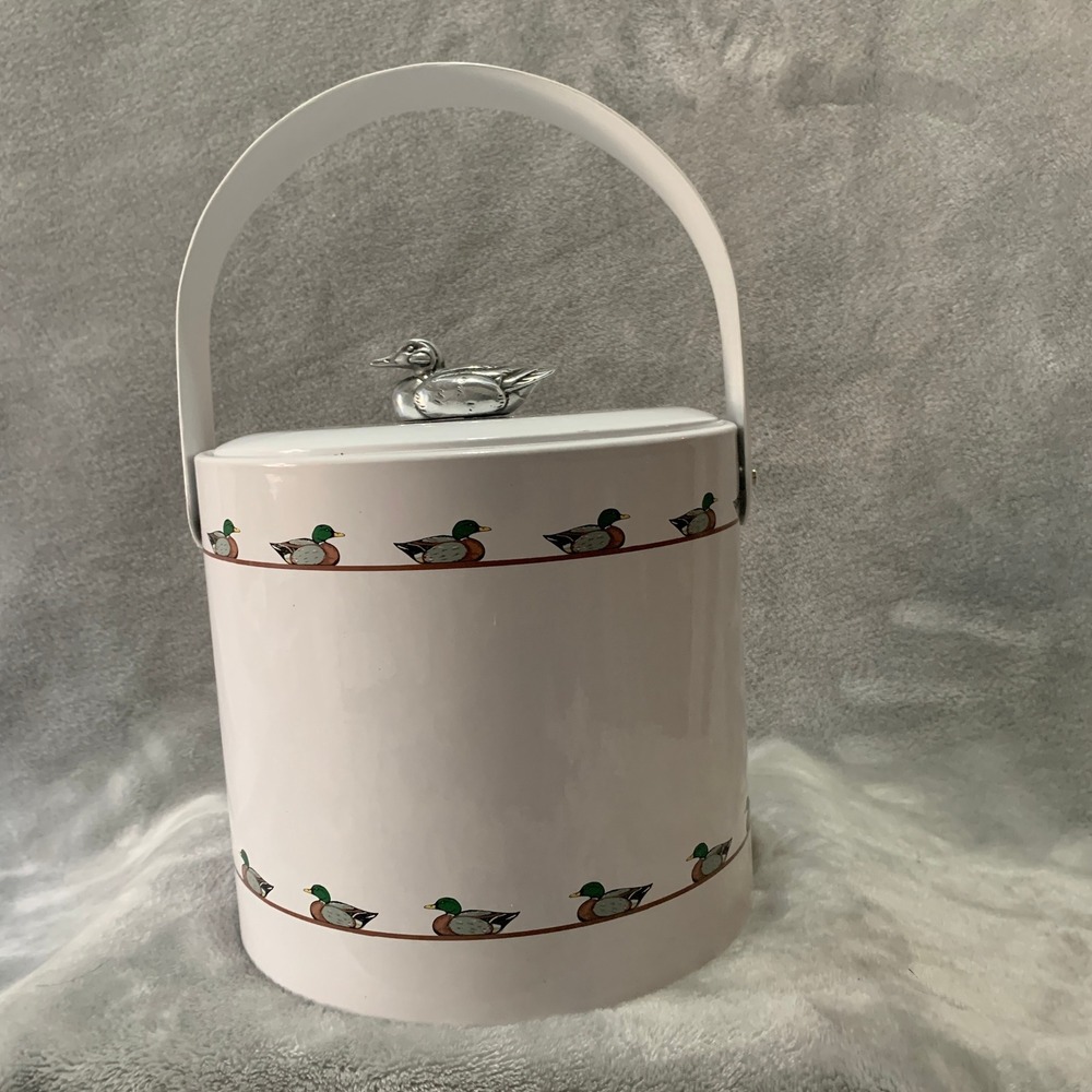 Georges Briard Vintage Mallard Duck Ice Bucket White Silver Finial Barware MCM
